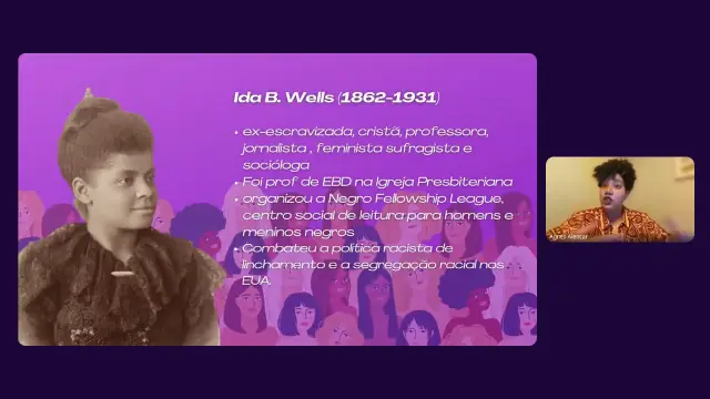Print da aula 1 do Teologia Feminista do Zero, com o slide sobre Ida B. Wells e Agnes Alencar na câmera